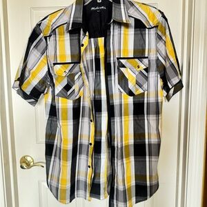 Black Label Men's Casual Plaid Shirt - Black, White, Yellow